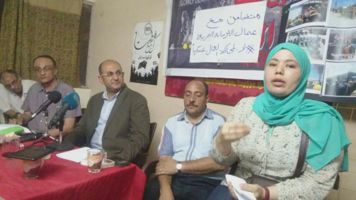 15 agosto 2016: Sindacalisti e attivisti al Cairo durante un incontro pubblico della campagna in solidarietà ai lavoratori dei cantieri navali di Alessandria incarcerati.