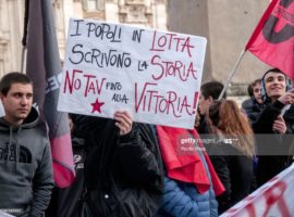 ROME, ITALY - 2019/12/31: Sit-in in solidarity with Nicoletta Dosio, 73, historic militant of the NoTav movement, arrested the day before in Bussoleno (in the western area of Turin, in the Val di Susa, Piedmont) for a one-year prison sentence in connection with a roadblock of 2012. Solidarity demonstrations with the activist were held throughout Italy. (Photo by Patrizia Cortellessa/Pacific Press/LightRocket via Getty Images)