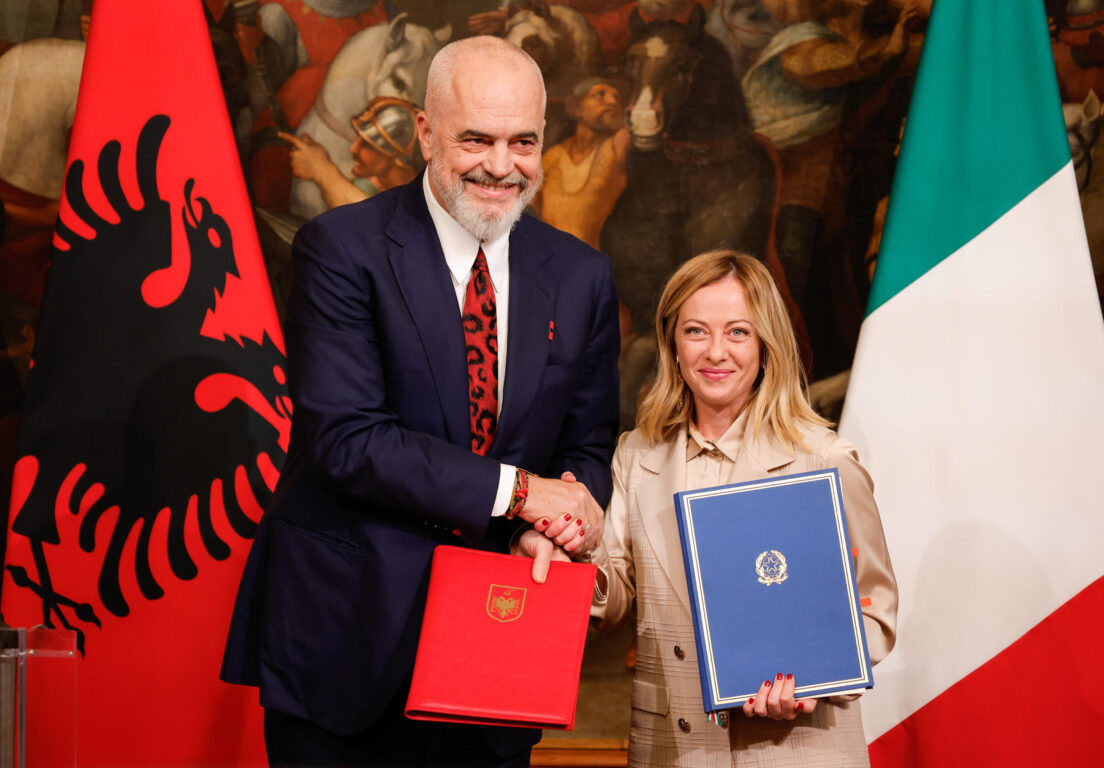 Italy's Prime Minister Giorgia Meloni, as he meets Albania s Prime Minister Edi Rama at Chigi Palace, in Rome, Italy 6 November 2023. ANSA/GIUSEPPE LAMI