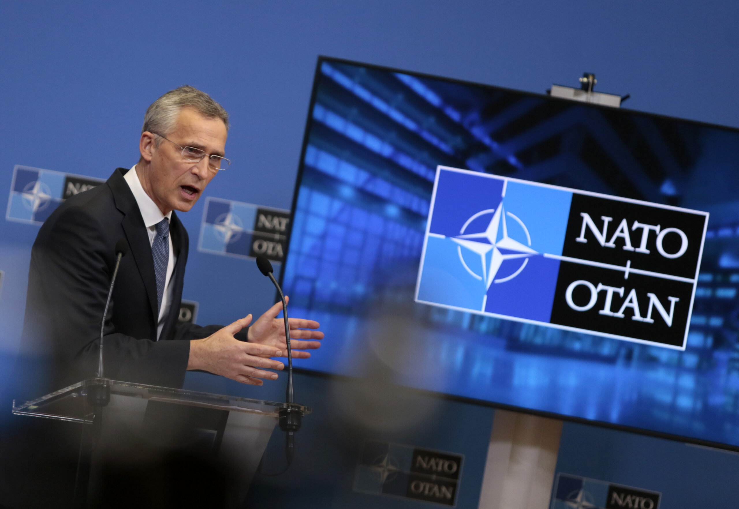NATO Secretary General Jens Stoltenberg speaks during a media conference after a meeting of NATO foreign ministers at NATO headquarters in Brussels, Wednesday, March 24, 2021. (AP Photo/Virginia Mayo, Pool)